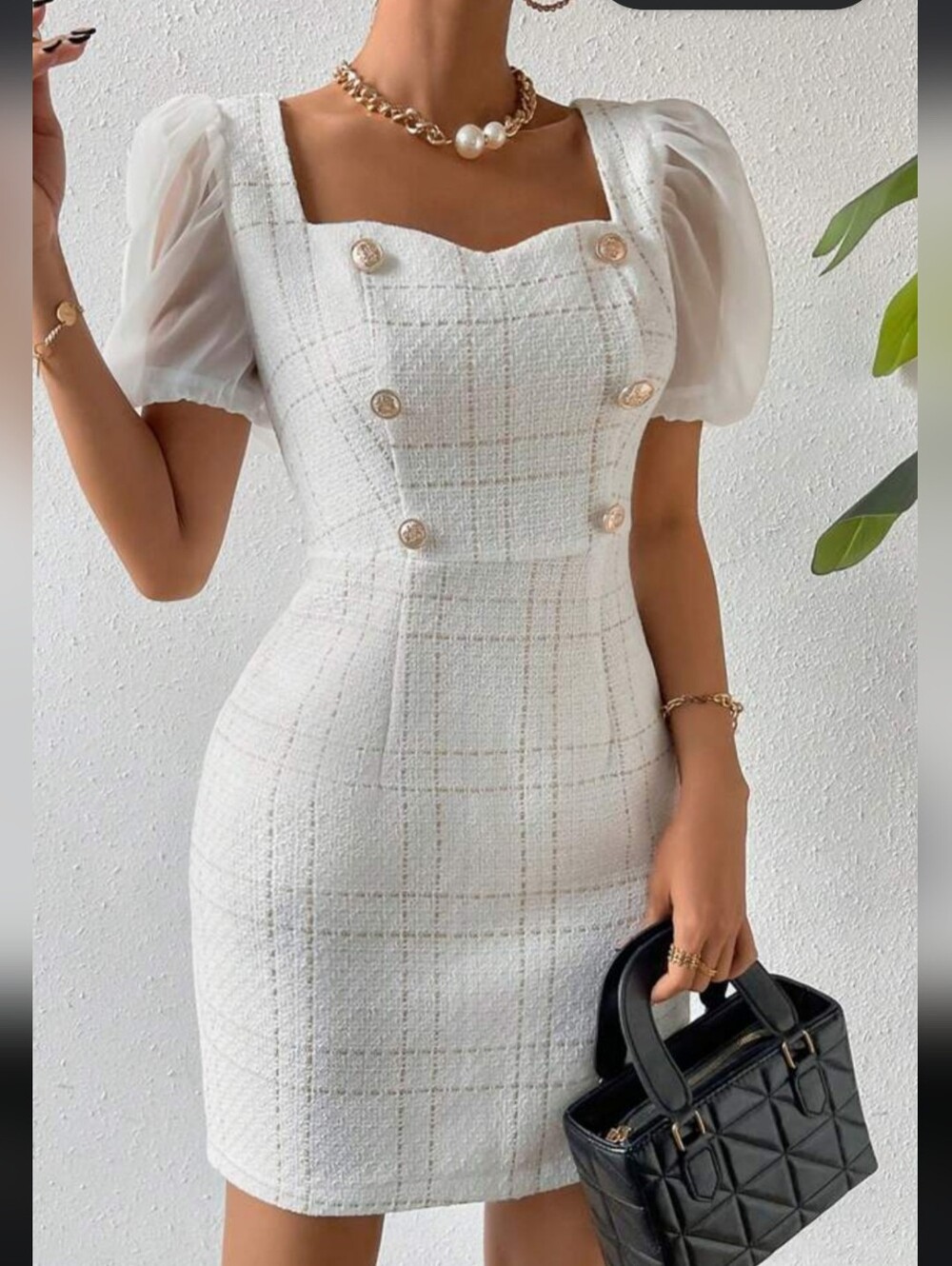 SHEIN White Tweed Puff-Sleeve Button Sheath Dress